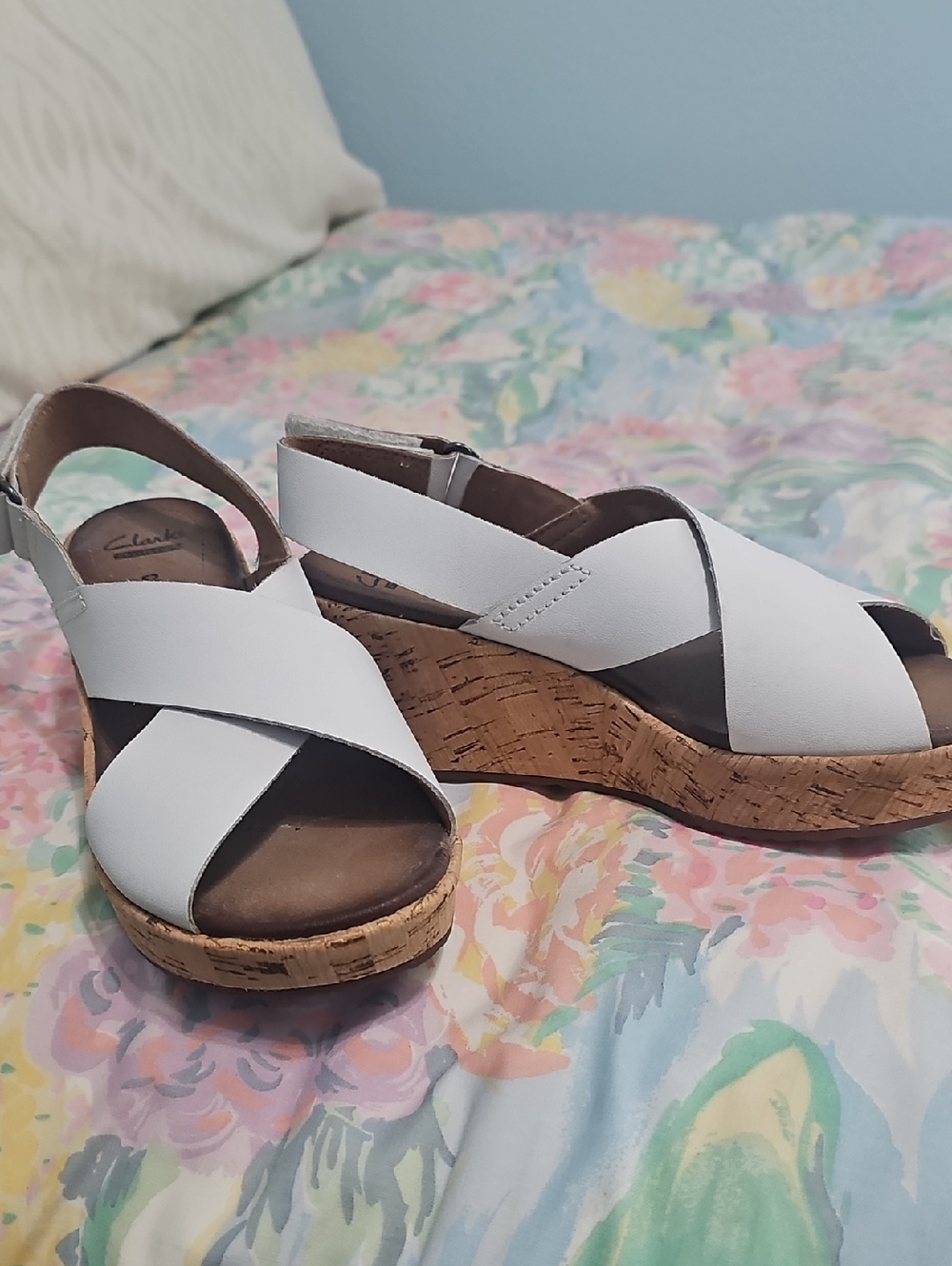 Clarks White Cork Wedge Sandals